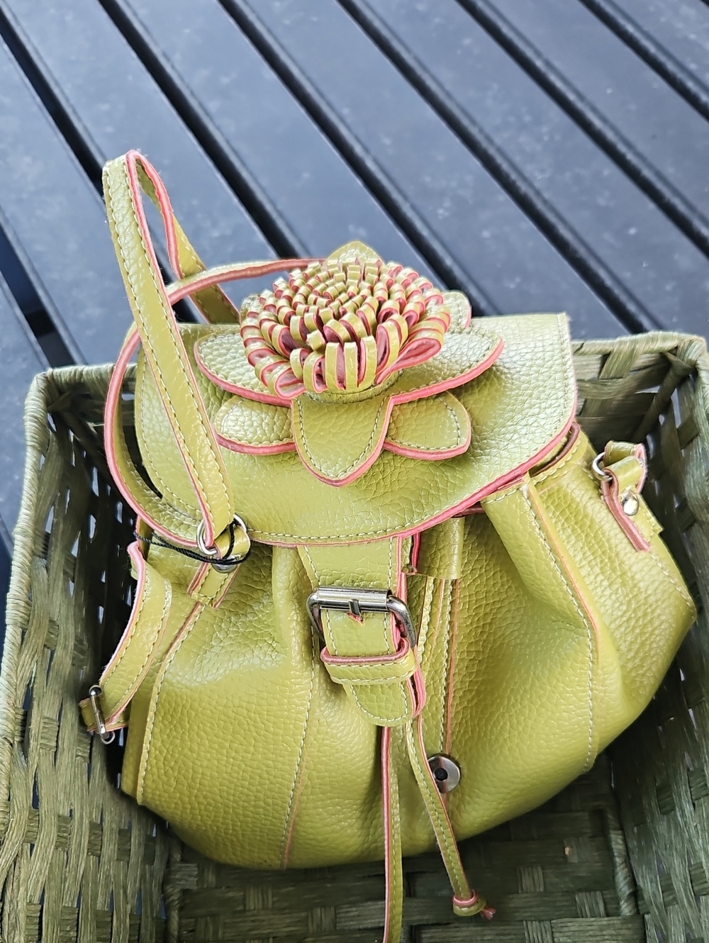 Noelle Olive Green Shoulder Bag with Pink Trim and Floral Accent
